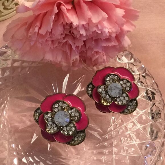 $8 ea or 3/$15. Pink Enamel and Crystal Dimensional Earrings - Picture 1 of 6